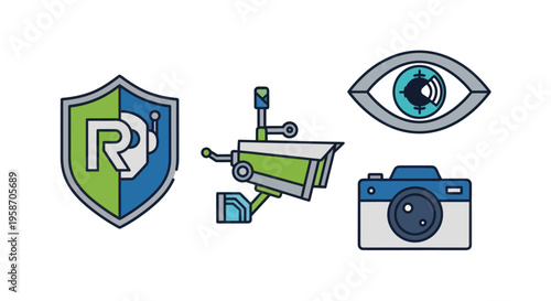 Security Icons: Surveillance Camera, Eye, Shield, and Photo Camera