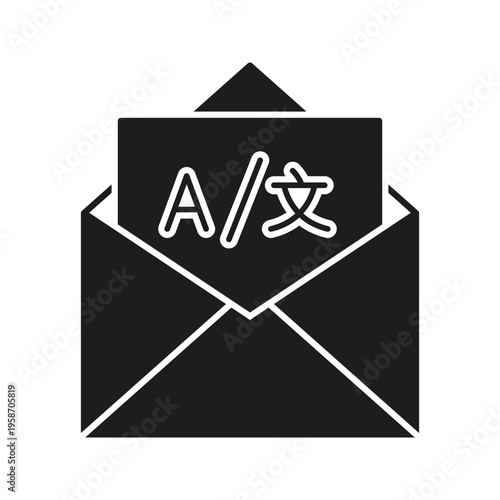 Open Envelope With Language Translation Solid Icon. Multilingual Communication And Translation Services Silhouette Symbol. Global Language Exchange. Isolated Vector Illustration