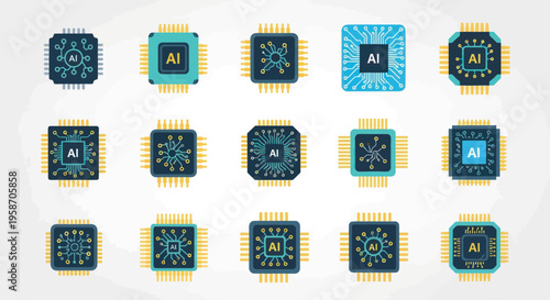 Artificial Intelligence AI Chip Icons Set - Microprocessor, CPU, Technology, Circuit Board