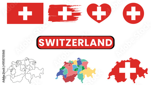 Switzerland national symbols including flag heart and map in various artistic stylesSwitzerland national symbols including flag heart and map in various artistic styles