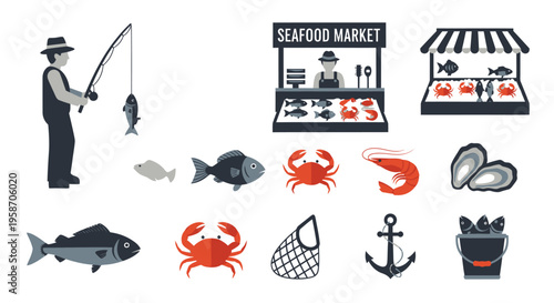 Fisherman, Seafood Market Stall, Fresh Fish, Crab, Shrimp, Oysters, Anchor, Net