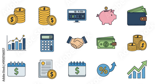 Finance and Business Icons: Money, Savings, Investment, Growth, Calculator, Wallet