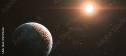 Planet in space with sun shining brightly in the background