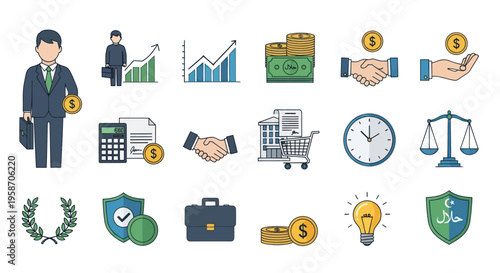 Business and Finance Icons: Growth, Investment, Law, Success, and Banking