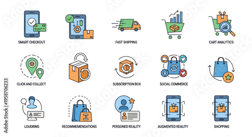 E-commerce Icons: Online Shopping, Delivery, Analytics, and Customer Service Features