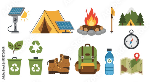 Camping and Hiking Gear Icons: Solar Power, Tent, Fire, Backpack, Map, Compass, Boots