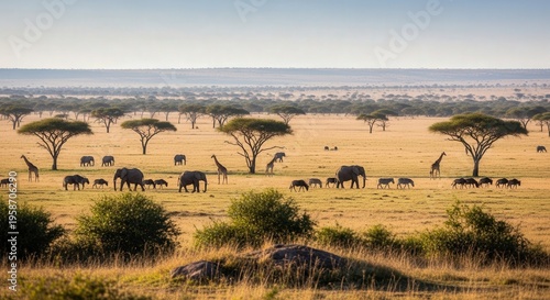 Serene African Savannah Scene with Elephants and Acacia Trees at Sunset