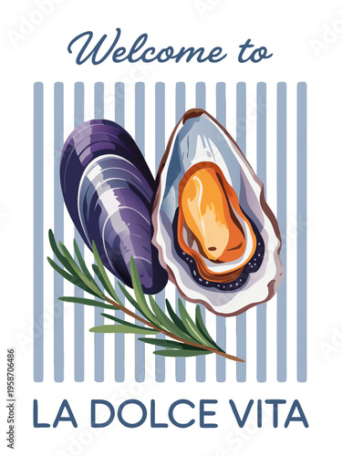 A stylized food illustration with a light blue and white striped background. In the center, there is a purple mussels with one shell open revealing an orange-colored oyster inside