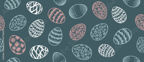 Hand-drawn Easter Eggs and Botanical Seamless Pattern	
