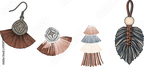 Bohemian Style Jewelry Vector Illustration Set Featuring Tassel Fringe Earrings and Macrame Leaf Pendant Accessory Isolated on White Background