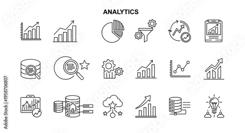 Collection of analytics icons representing data analysis and business intelligence concepts.