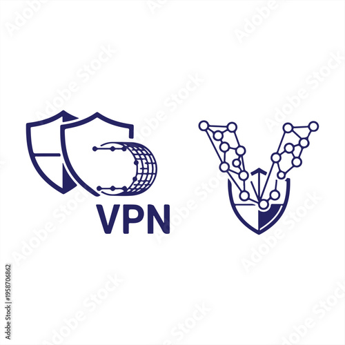 A logo representing a virtual private network with a shield and globe