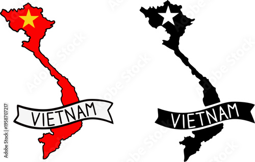 Vietnam Country Map with Flag Ribbon and Typography