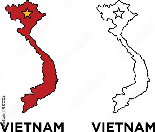 Vietnam Map Silhouette with National Flag Color and Star