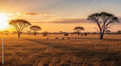 Serene African Savannah Sunset with Grazing Wildlife and Iconic Trees