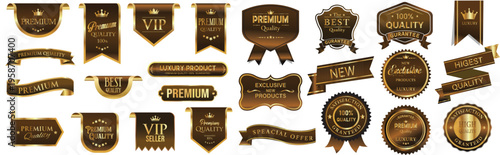 Luxury labels. Gold premium tag, banner and ribbons. Best quality certificate sticker, golden product badge, elegant vintage shield. 3D VIP emblem, exclusive promotion vector set