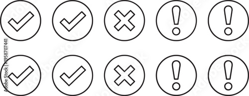 Checkmark and exclamation mark in circles symbols signs