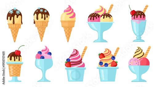 Colorful ice cream treats in cones and bowls for dessert designs and concepts