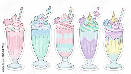 Colorful milkshake illustrations with sweet toppings against white background