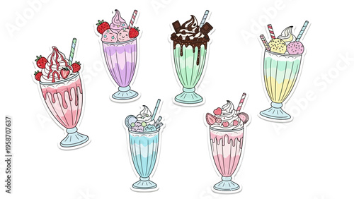 Colorful milkshake illustrations with various toppings isolated on white background