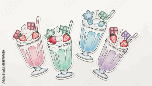 Colorful milkshake illustrations with whipped cream strawberries and chocolate
