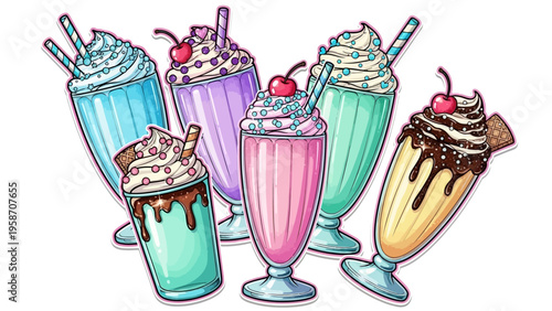 Colorful milkshakes with whipped cream and cherries isolated on white