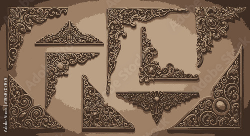 Ornate Vintage Wood Carving Design Elements Set: Intricate Decorative Corners, Borders, and Scrollwork Patterns