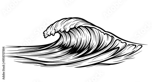 Dramatic crashing ocean wave illustration, powerful sea surf current graphic, detailed black and white water art, nature element.