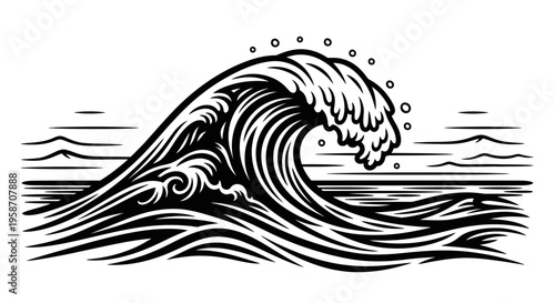 Powerful vintage ocean wave illustration in black and white, dramatic sea water with breaking crest, nature force vector art