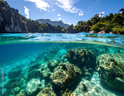 Turquoise water separates sky and the underwater rock bed of a hidden cove scene