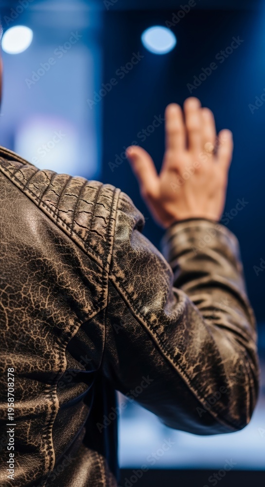 Obraz premium Man wearing brown leather jacket waving.