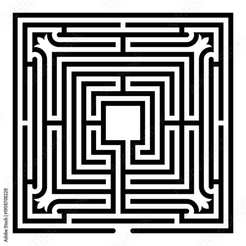 Square shaped medieval maze, like those found in gardens of castles. The entrance to the labyrinth is at the bottom, and you have to traverse all four quadrants to reach the goal in the center. Vector