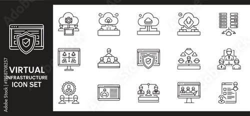 Virtual Infrastructure and Secure Cloud Network Management Icon Set