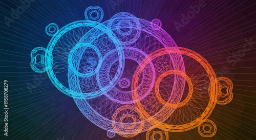 Dynamic multicolored interlocking fractal circles background. Glowing digital energy pattern with abstract vibrant rings.