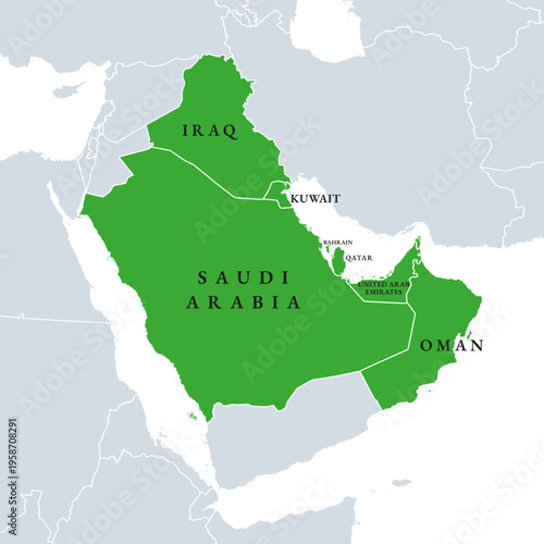 Arab States of the Persian Gulf, political map. Commonly referred to as the Gulf Arab states, comprising Bahrain, Iraq, Kuwait, Oman, Qatar, Saudi Arabia, and the United Arab Emirates. Vector