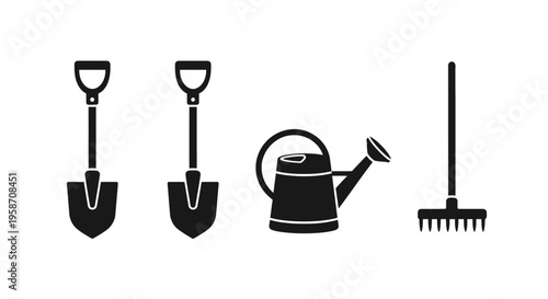 Gardening tools vector silhouette set featuring shovels, watering can, and rake, ideal for horticulture, farming, and landscaping design.