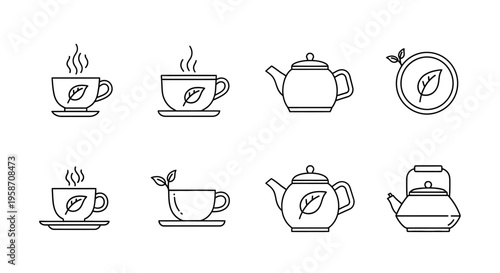 Minimalist line art tea icons set with steaming cups, teapots, and organic leaf symbols. Hot drink vector graphic elements.
