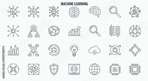 Machine Learning and Artificial Intelligence Line Icons Set. AI, Data Science, Neural Network, Deep Learning, Technology Vector Graphics.