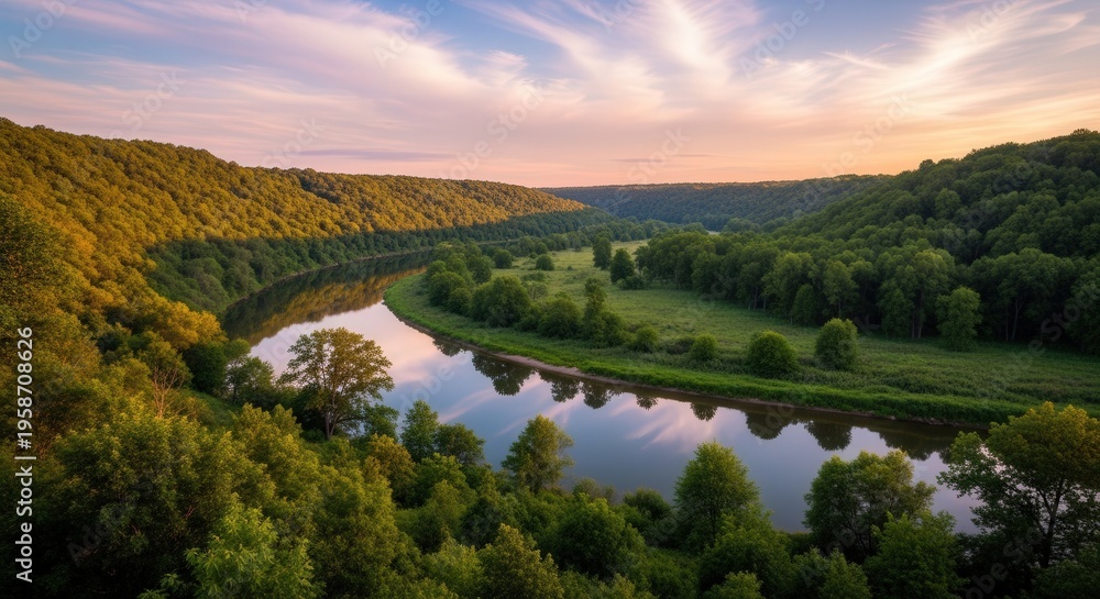 Obraz premium Serene River Landscape with Lush Green Forests and Rolling Hills at Sunset