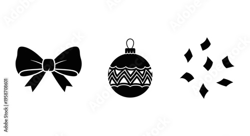 Christmas holiday celebration icons with decorative bow, festive bauble ornament, and scattered confetti silhouettes