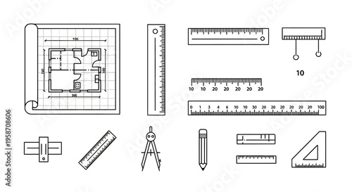 Drafting and Architecture Tools Set with Blueprint Illustration. Engineering, Construction, and Measurement Instruments Icons.
