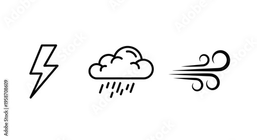 Minimalist outline weather icons: lightning bolt, rain cloud, and strong wind symbols. Vector set for meteorology and climate forecast.