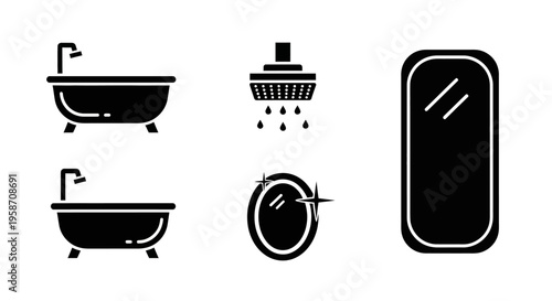 Set of black silhouette bathroom icons including bathtubs, a showerhead, and mirrors, ideal for hygiene and home plumbing designs.