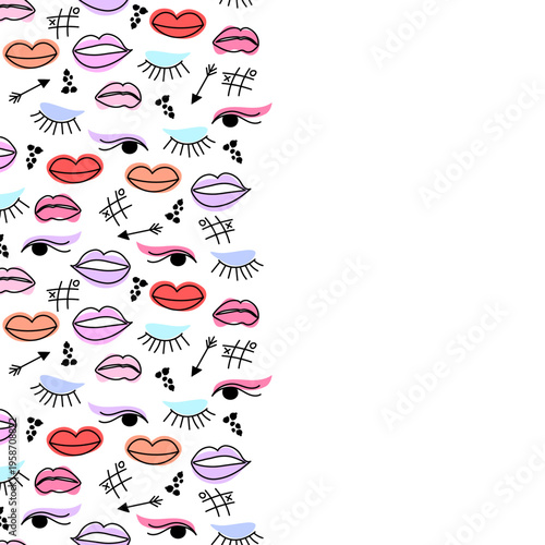 Makeup doodle pattern with lips, eyes, eyelashes, arrows and tic tac toe symbols arranged in vertical colorful seamless layout isolated on white background.