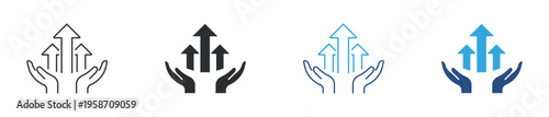 Demand and growth increase icon set. Rising arrows in hands, market demand, business expansion and upward trend concept. Vector illustration.