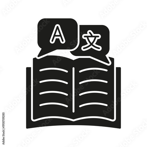 Open Book With Language Speech Bubbles Solid Icon. Multilingual Translation And Language Learning Silhouette Symbol. Educational Resource And Communication Tool. Isolated Vector Illustration