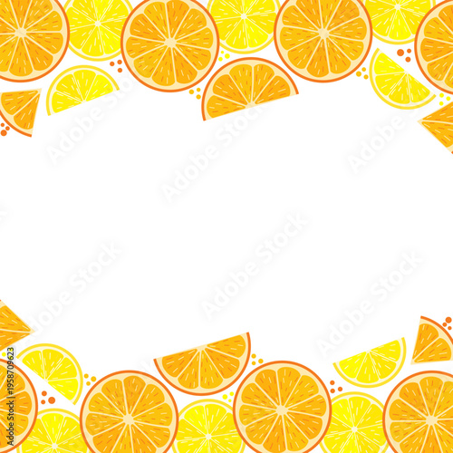 Citrus Fruit Slices Border Frame with Oranges and Lemons on White Background. Vector illustration