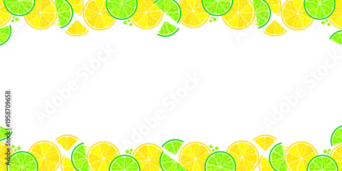 Horizontal banner with lemon and lime slices, citrus vector border on white background, panoramic fresh fruit frame for website header or summer design