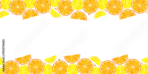 Horizontal Panoramic Frame with Lemon and Orange Slices on White Background. Vector illustration
