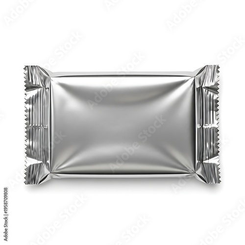 Shiny silver foil packet wrapped and sealed for food or product packaging.